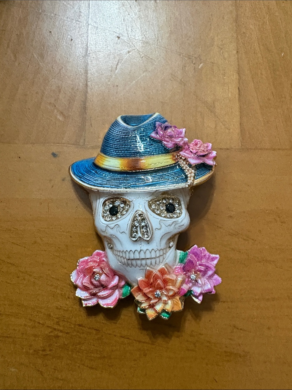 Decorative Skull Brooch with Blue Hat and Pink Flowers - womans Accessories